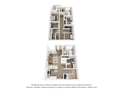 Two images of a house layout with a kitchen and a living room.
